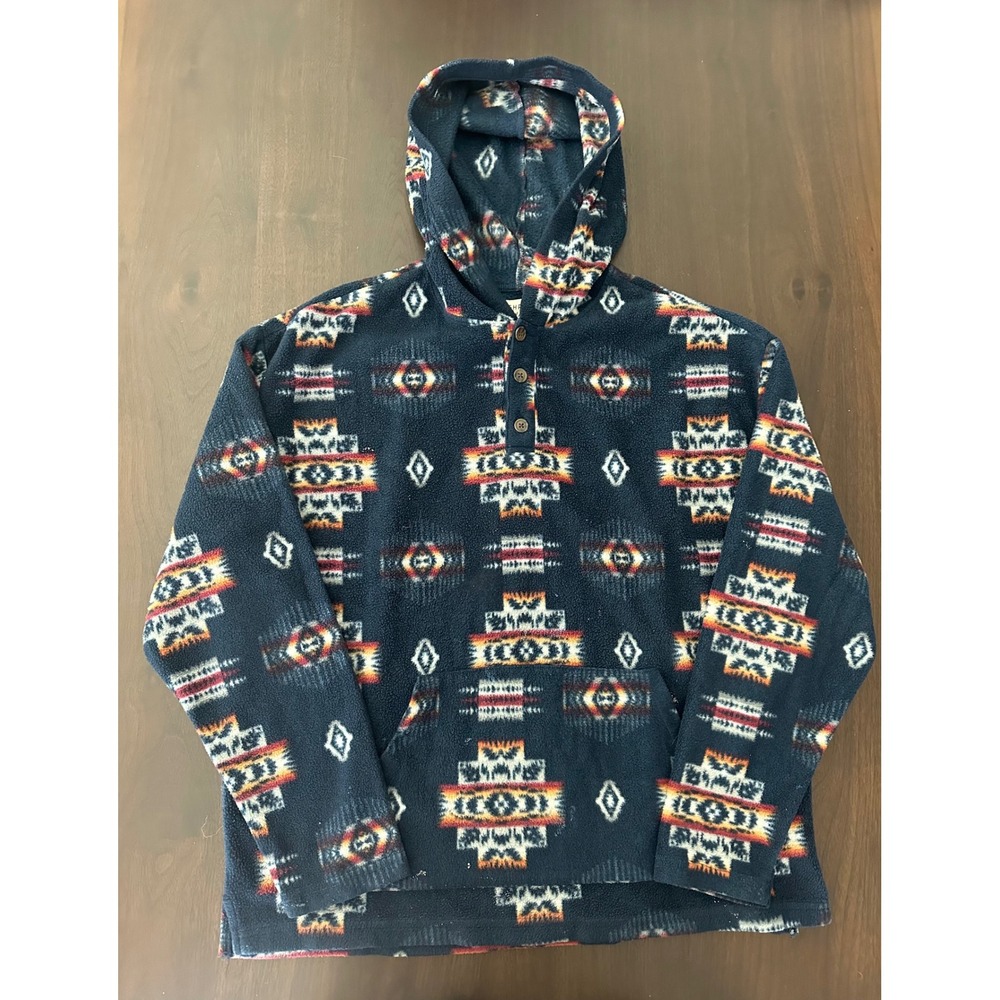 Thread Wave Mens Fleece Hoodie Southwestern Aztec Print Navy Blue Henley Large